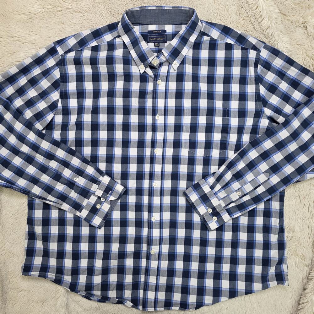 Mason James Shirt Mens 2XL Blue White Stretch Button Up Plaid Long Sleeve